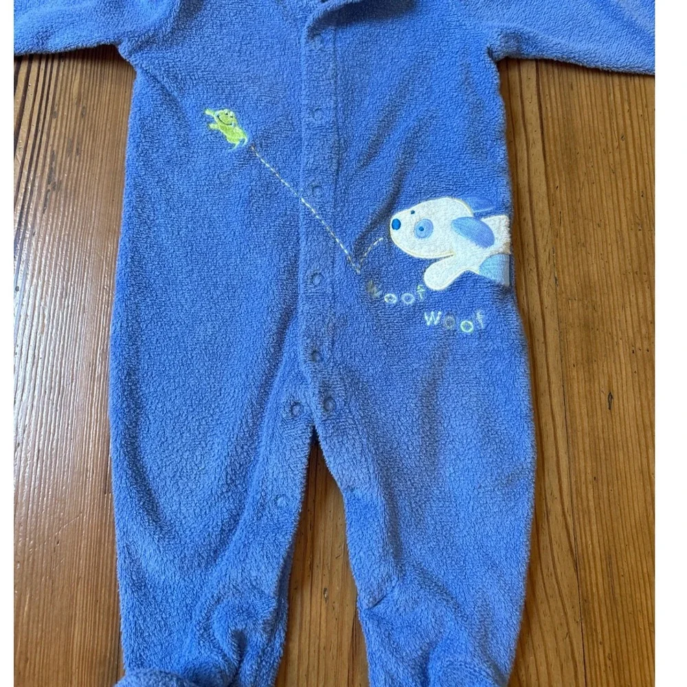 Carter's Footed Sleeper‎ Baby Blue Dog Frog Fleece Snap Up Pajamas SIZE 6-9M